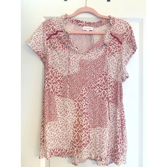 Molly & Isadora Red Floral Print Blouse 1X Cap Sleeve V-Neck - Picture 1 of 6